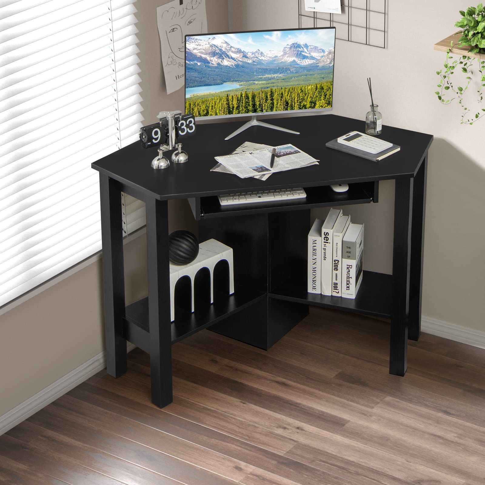 Corner Computer Desk with Smooth Keyboard Tray for Small Space - Tangkula