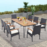 Tangkula Patio Rattan Dining Set for 8, Acacia Wood Table Top