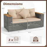 Tangkula 62.5" Large Patio Wicker Loveseat with Acacia Wood Armrests & Cup Holders