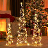 Tangkula Set of 3 Lighted Christmas Rattan Cone Trees, Holiday Decorative Trees with LED Lights and Metal Frame
