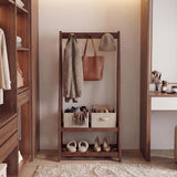 Tangkula Freestanding Rubber Wood Garment Rack with 3 Hooks and 2 Shelves