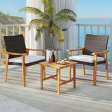 Tangkula 3 Pieces Patio PE Wicker Furniture Set Acacia Wood Outdoor Conversation Bistro Set