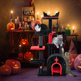 Tangkula Gothic Cat Tree, 53 Inch Black Cat Tower with Coffin Cat Bed, Spider Pompom & Spring Balls