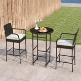 Tangkula 3 Piece Outdoor Bar Set Patio Rattan Heavy Duty Bar Height Glass Top Table & Chairs