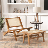 Tangkula Ottoman Footstool, Natural Teak Wooden Foot Rest with Handwoven Rattan