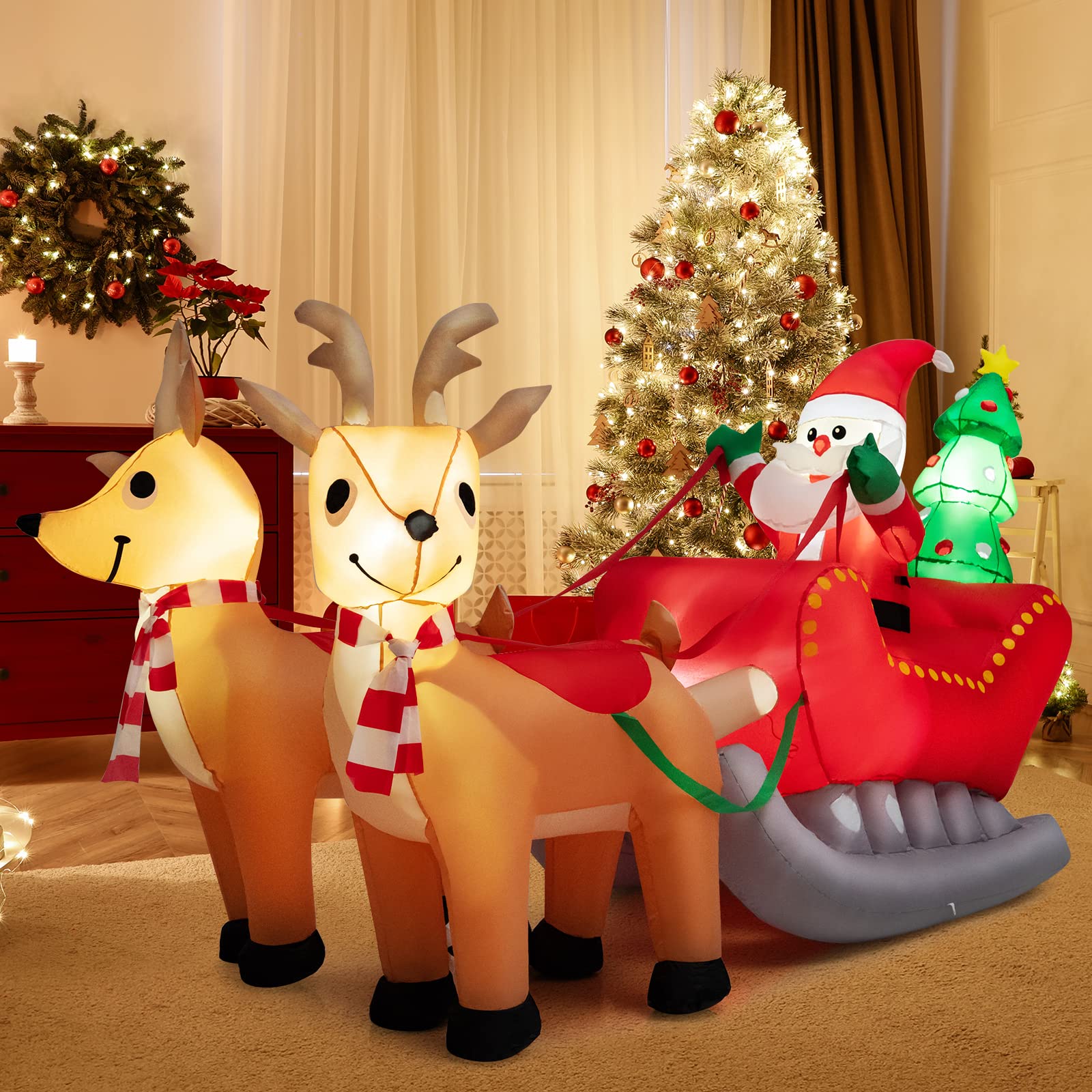 Tangkula 7.2FT Long Christmas Inflatable Santa Rides Sled