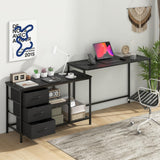 Tangkula L-Shaped Computer Desk with Power Outlet, Convertible Corner Desk with Drawers & Shelves