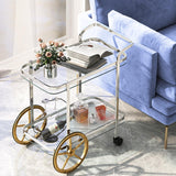 Tangkula Bar Cart for The Home, 2-Tier Rolling Tempered Glass Serving Cart, 2 Large Gold Aluminum Wheels & 2 Casters