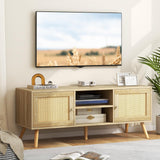 Tangkula Boho TV Stand for TVs up to 55”, PE Rattan Media Console Table with 2 Cabinets & Open Shelves