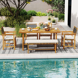 Tangkula 6 Piece Patio Dining Set 63” Outdoor Acacia Wood Table & Bench & 4 Cushioned Armchairs