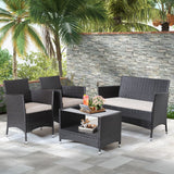 Tangkula 4 Pieces Patio Furniture Set, Patiojoy Outdoor PE Wicker Conversation Set with Soft Cushions and Tempered Glass Tabletop