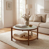 Tangkula 2-Tier Round Coffee Table | Wooden Center Table with Frosted Tempered Glass Top