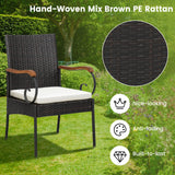 Outdoor Wicker Chair & Dining Table Set, Acacia Wood Tabletop & Armrests, 2” Umbrella Hole