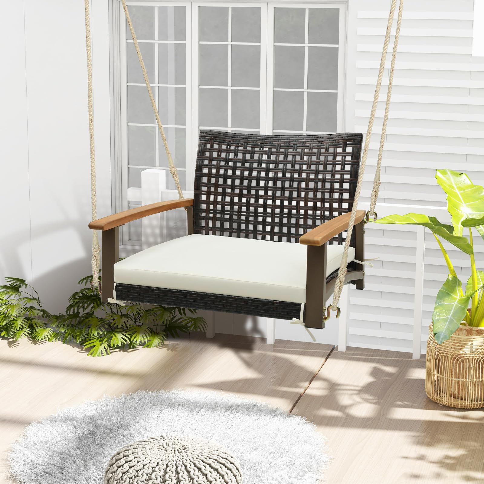 Tangkula 1-Person Rattan Porch Swing with Cushion