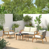 Tangkula 5 Piece Rattan Furniture Set, Patiojoy Wicker Sofa Set with Solid Acacia Wood Frame & 2 Tempered Glass Coffee Tables
