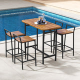 Tangkula 5 Piece Acacia Wood Bar Table Set, Outdoor Bar Height Table & Chairs with Metal Frame & Footrest