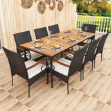 Tangkula 9-Piece Patio Dining Set, 79" Outdoor Dining Table & 8 Rattan-Woven Dining Chairs with Acacia Wood Tabletop