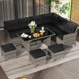 Tangkula 7 Pieces Patio Dining Furniture Set, Outdoor PE Rattan Sectional Sofa Set with Soft Cushions