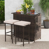 Tangkula 3 Pcs Patio Bar Set, Outdoor Rattan Bar Table and 2 Stools with Tempered Glass Tabletop, 2-Tier Storage