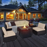 Tangkula 7 Piece Patio Furniture Set w/Fire Pit Table, Patiojoy Outdoor Rattan Conversation Sofa Set