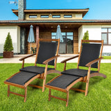 Tangkula 3 Piece Chaise Lounge Chair Set, Acacia Wood Deck Chairs with Side Table