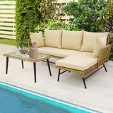 Tangkula Outdoor Wicker Furniture Set, 3-Piece L-Shaped Patio Sofa with Cushions & Tempered Glass Table