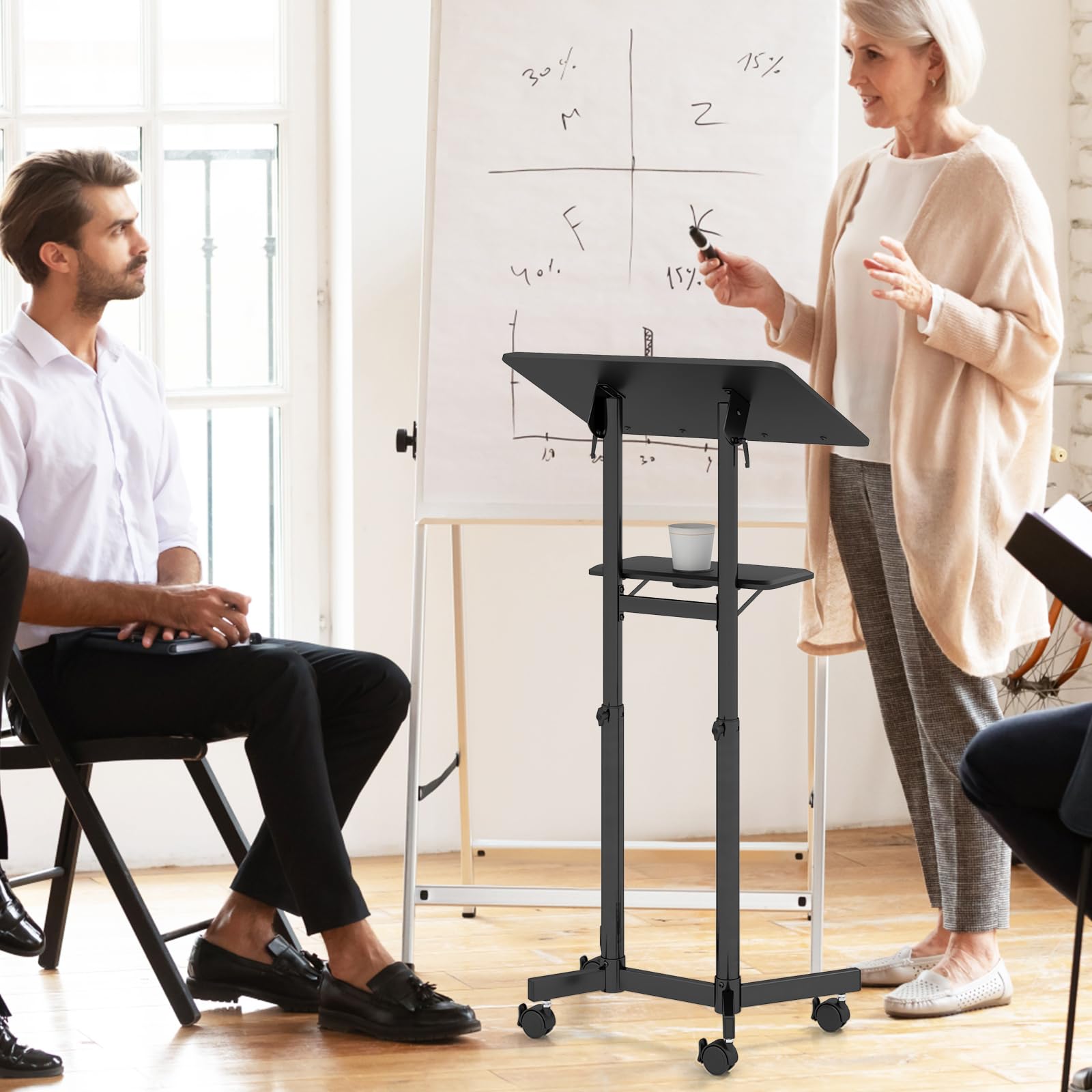 Tangkula Mobile Lectern Podium, Height-Adjustable Rolling Laptop cart with Tilting Top, Storage Tray & Cup Holder