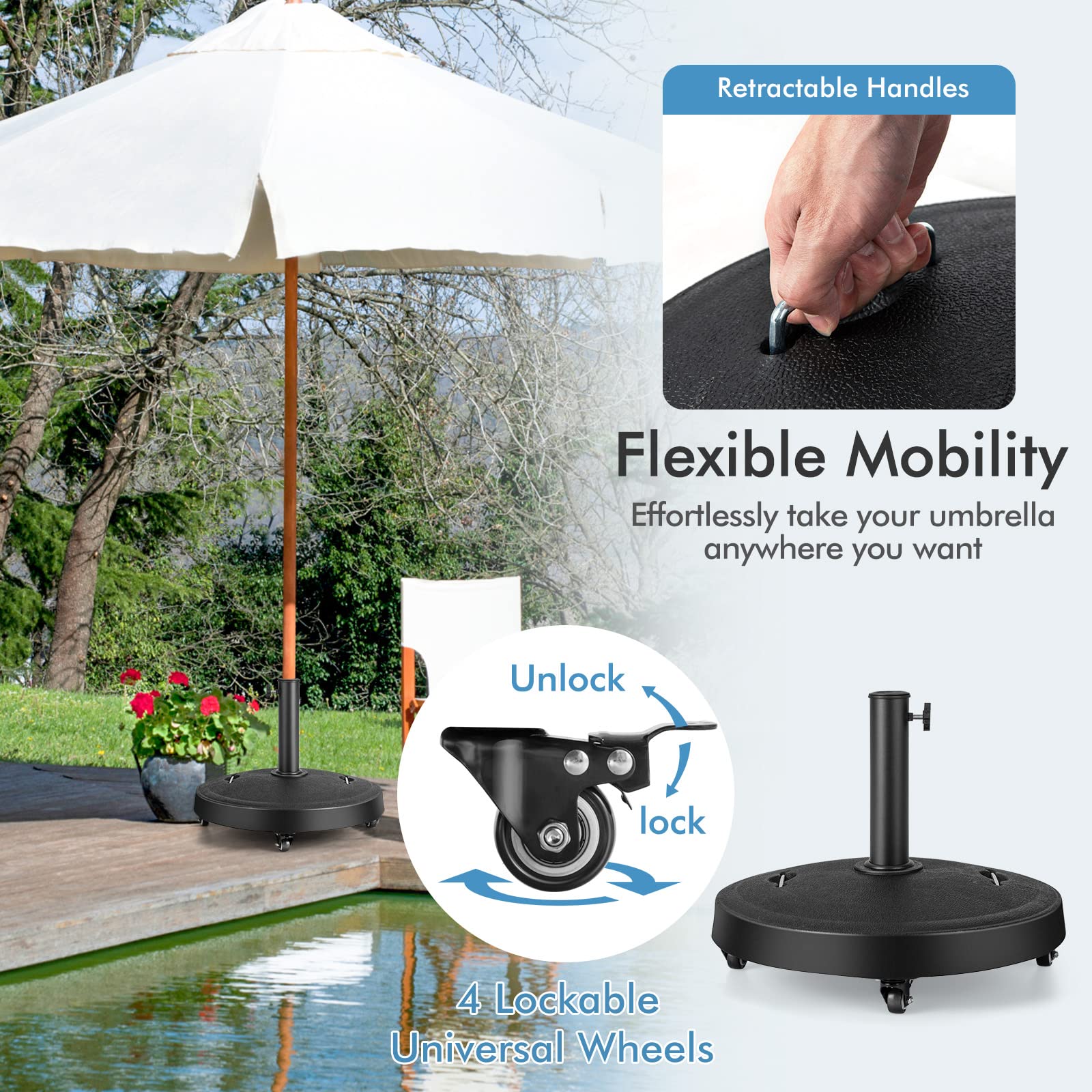 flexible patio umbrella Tangkula 51 lbs Patio Umbrella Base with Wheels, 20.5 Inches Heavy Duty Round Outdoor Umbrella Stand for 10 ft Table Market Offset Umbrella
