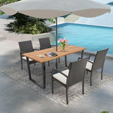 Tangkula Patio Rattan Dining Set, Acacia Wood Tabletop w/Umbrella Hole