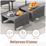 Tangkula 5 Pieces Patio Conversation Set, Outdoor PE Rattan Chairs with Soft Cushions, Ottomans & Tempered Glass Top Table