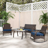 Tangkula 4 Piece Wicker Rocking Set, 2 Patio Rattan Rocker Chairs w/Loveseat & Coffee Table, Heavy-Duty Metal Frame & Bungee Rope Seat