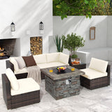 Tangkula 7 Pieces Patio Furniture Set with 50,000 BTU Fire Pit Table, Outdoor PE Wicker Conversation Sofa Set with Cushions