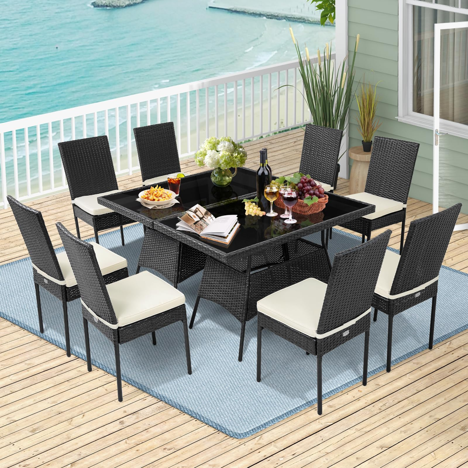 Tangkula 10 Pieces Wicker Patio Dining Set, Outdoor Rattan Table & Chairs Set with Padded Cushions