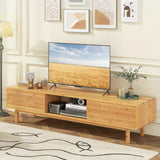 Tangkula Bamboo TV Stand for 65” 70” TVs, 63” Mid Century Modern TV Console Table with Sliding Doors & 3 Storage Compartments