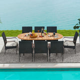 Tangkula 9 Pieces Patio Rattan Dining Set, Outdoor Oval Acacia Wood Dining Table and Wicker Armchairs Set with Umbrella Hole