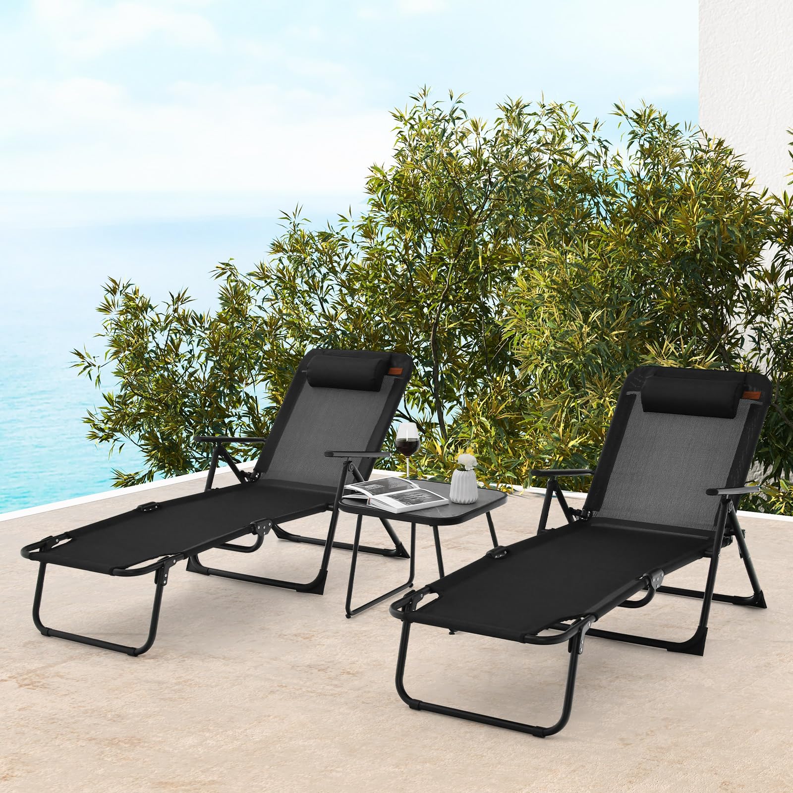 Tangkula 3-Piece Folding Outdoor Chaise Lounge Chair Set, 2 Recliner Chairs & 1 Patio Bistro Table