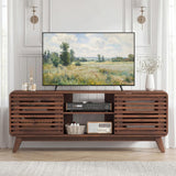 Tangkula Walnut Mid Century Modern TV Stand for 65” TVs with Grille-Style Sliding Doors