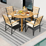 Tangkula 5 Pieces Outdoor Wood Dining Set- 44” Patio Acacia Round Table and Metal Cushioned Chairs