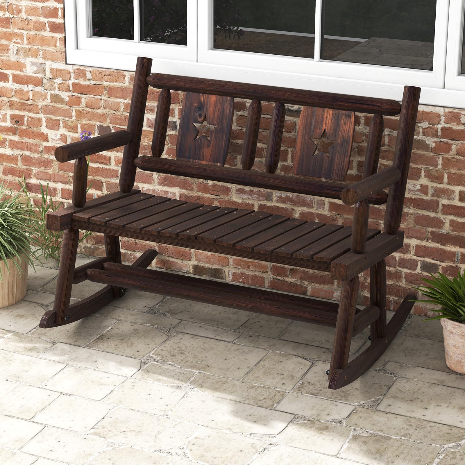 Tangkula Patio Rocking Bench, Carbonized Wood Double Rocker Chair with ...