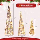 Tangkula Set of 3 Lighted Christmas Rattan Cone Trees, Holiday Decorative Trees with LED Lights and Metal Frame