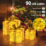 Tangkula Set of 3 Christmas Lighted Gift Boxes, Pre-lit 90 LED Light Up Present Box Decorations with Bows and Plug