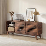 Tangkula Walnut Mid Century Modern TV Stand for 65” TVs with Grille-Style Sliding Doors