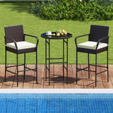 Tangkula 3 Piece Outdoor Bar Set Patio Rattan Heavy Duty Bar Height Glass Top Table & Chairs