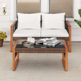 Tangkula 2 Pieces Outdoor Acacia Wood Loveseat and Table Set