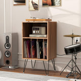 Tangkula Record Player Stand with Charging Station, Turntable Stand with Metal Legs, Vinyl Record Storage Cabinet