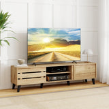 Mid Century Modern TV Stand for 80 Inch TVs with Sliding Door Cabinets and Storage Shelves