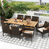 Tangkula 9 Pieces Outdoor Rectangle Acacia Wood Table and Cushioned Chairs Set with 1.9” Umbrella Hole