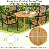 Tangkula 5 Pieces Outdoor Wood Dining Set- 44” Patio Acacia Round Table and Metal Cushioned Chairs