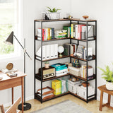 Tangkula 90 Degrees 5 Tier Industrial Wood Open Corner Bookcase for Small Spaces