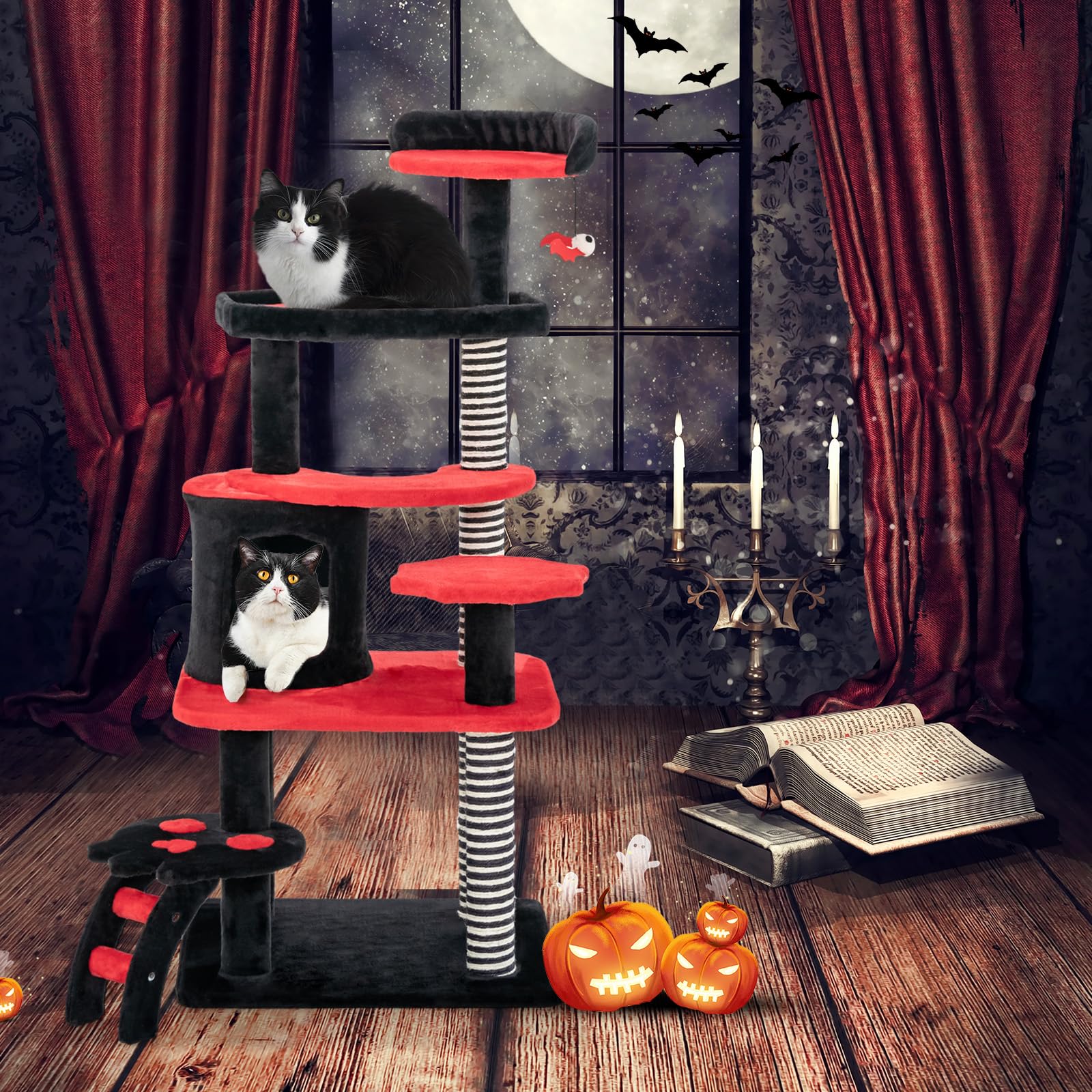 thumbnail image 2 of Cat Scratcher 59-Inch Gothic Cat Tree With Coffin Bed - Spooky Halloween With Hammock & Perches Cat Tower 2 of 11